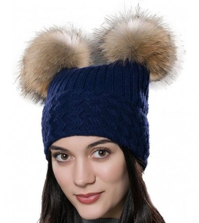 Skullies & Beanies Unisex Autumn Knit Wool Beanie Hat Women Winter Hat with Fur Ball Pom Pom - Blue With Raccoon Pompom - CY1...