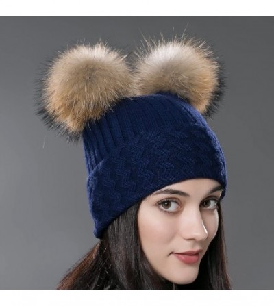 Skullies & Beanies Unisex Autumn Knit Wool Beanie Hat Women Winter Hat with Fur Ball Pom Pom - Blue With Raccoon Pompom - CY1...
