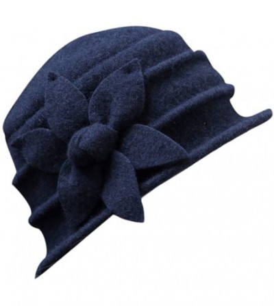 Berets Women 100% Wool Solid Color Round Top Cloche Beret Cap Flower Fedora Hat - 5 Blue - CP186WXT5A2