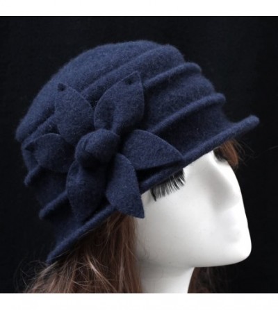Berets Women 100% Wool Solid Color Round Top Cloche Beret Cap Flower Fedora Hat - 5 Blue - CP186WXT5A2