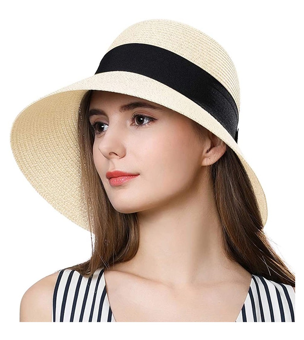 Sun Hats Packable Floppy Straw Cloche Sun Hat Derby Bow SPF 50 for Big Head Women Travel Beige 58-59cm - C218SO8T3N4