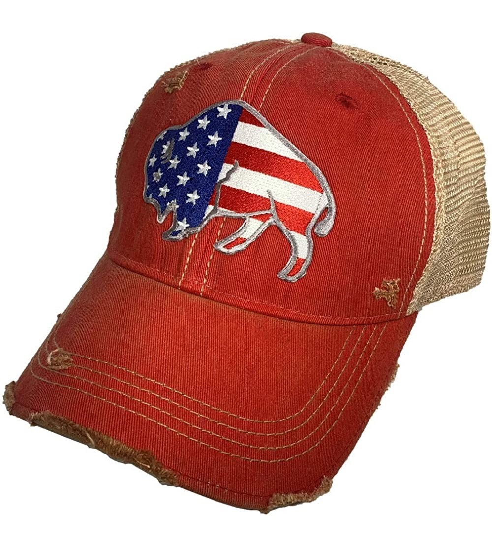 Baseball Caps Distressed Soft Mesh Snap Back Western Themed Women's Hat - American Flag Buffalo – Red Wash - CA197LA95H3