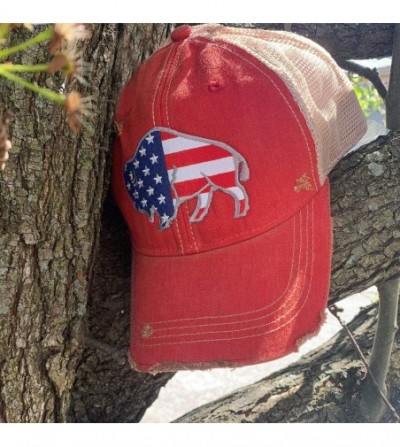 Baseball Caps Distressed Soft Mesh Snap Back Western Themed Women's Hat - American Flag Buffalo – Red Wash - CA197LA95H3
