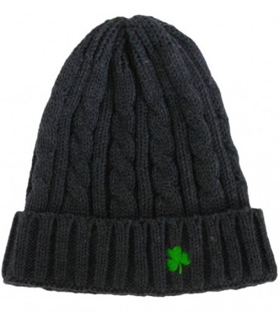 Skullies & Beanies Acrylic Cable Knit Beanie Hat Dark Grey Colour with Green Embroidered Shamrock - CN11ADDD54D