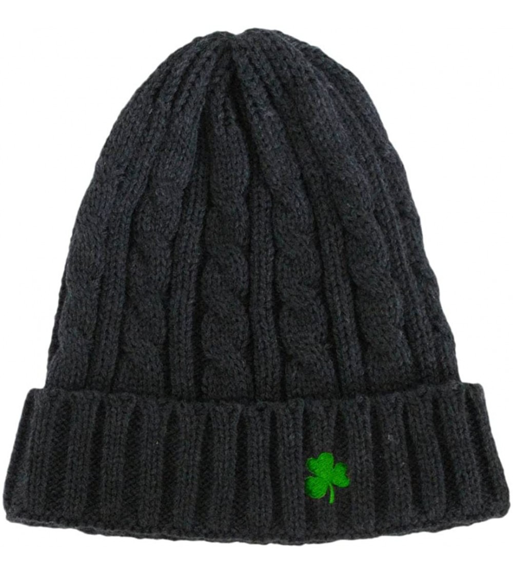 Skullies & Beanies Acrylic Cable Knit Beanie Hat Dark Grey Colour with Green Embroidered Shamrock - CN11ADDD54D