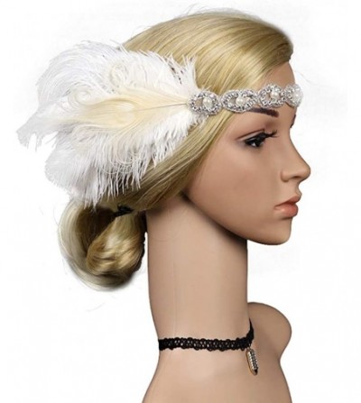 Headbands 1920s Flapper Headbands Great Gatsby Rhinestone Headpiece with Peacock Feather Jewel Hair Accessories - White - CM1...