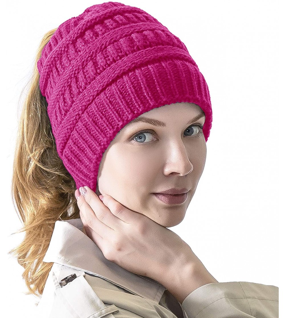 Skullies & Beanies Women's Knitted Messy Bun Hat Ponytail Beanie Baggy Chunky Stretch Slouchy Winter - Hot Pink - CL18YTQNW32