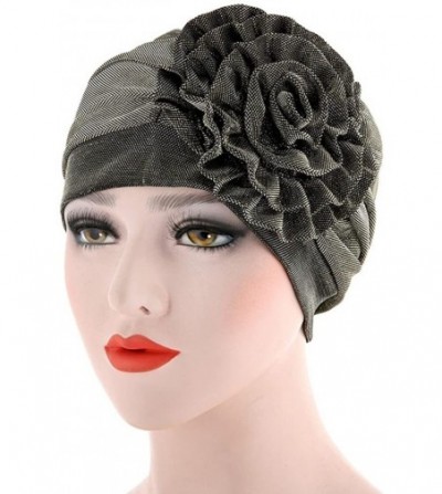 Skullies & Beanies Women Hair Loss Cap Pleated Big Flower Cancer Hat Beanie Turban Head Wrap Caps - Khaki - CG18GKO7XAU