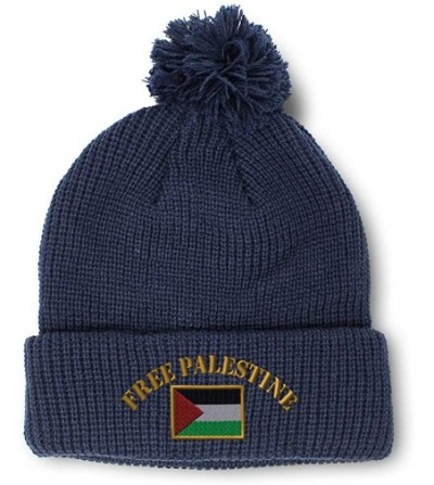 Skullies & Beanies Winter Pom Pom Beanie for Men & Women Free Palestine Flag Embroidery 1 Size - Navy - CH18ZH6U4M5