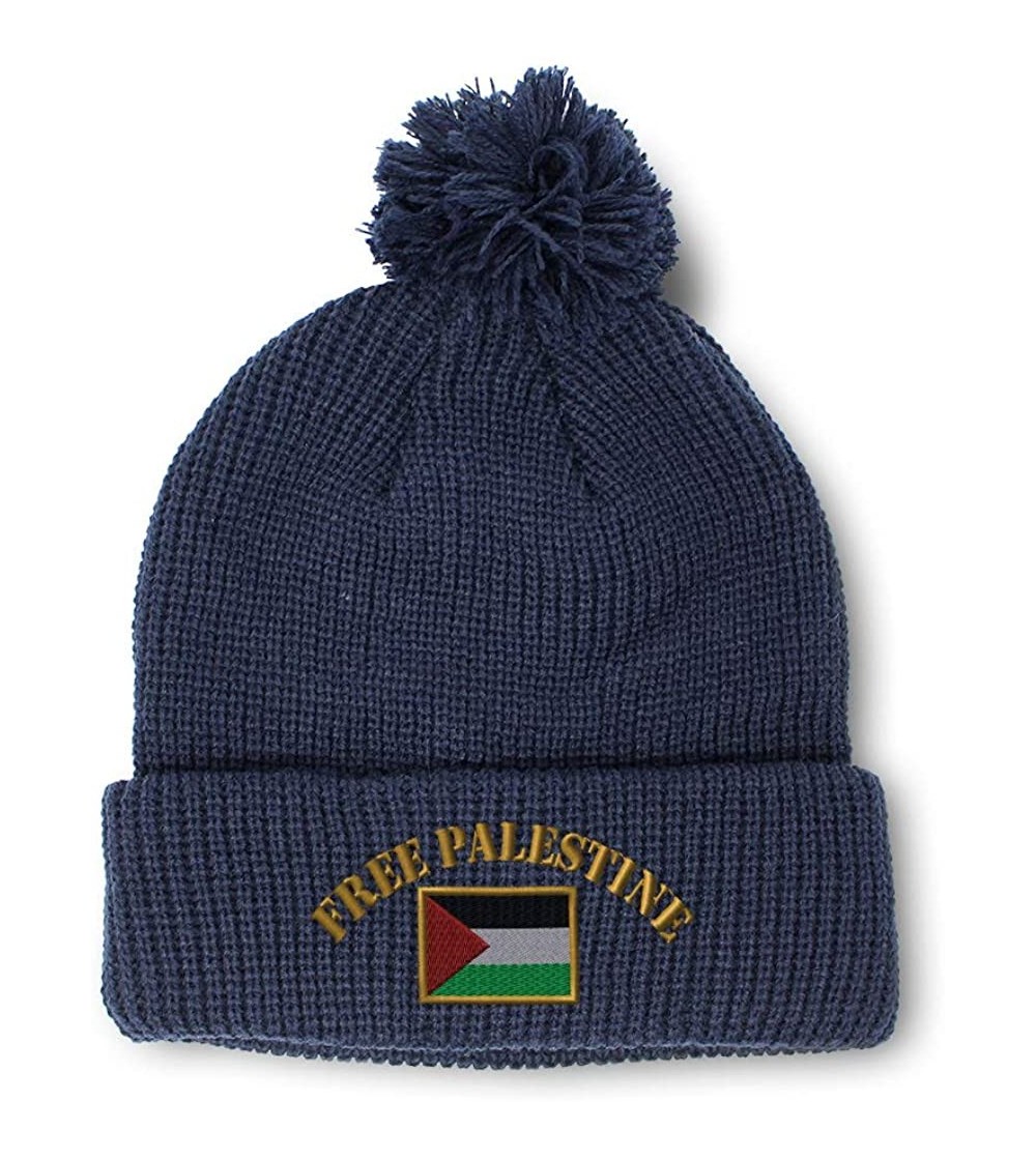 Skullies & Beanies Winter Pom Pom Beanie for Men & Women Free Palestine Flag Embroidery 1 Size - Navy - CH18ZH6U4M5