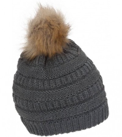 Skullies & Beanies Cable Knit Faux Fur Pom Pom Beanie Hat - Dark Melange Grey - CZ12M1RBSNT