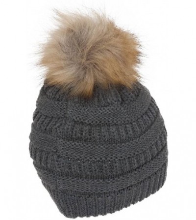 Skullies & Beanies Cable Knit Faux Fur Pom Pom Beanie Hat - Dark Melange Grey - CZ12M1RBSNT