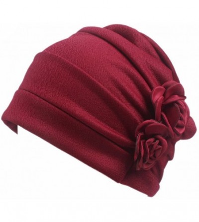 Skullies & Beanies Ruffle Chemo Turban Headband Scarf Beanie Cap Hat for Cancer Patient - Wine - CK183Y0W2D8