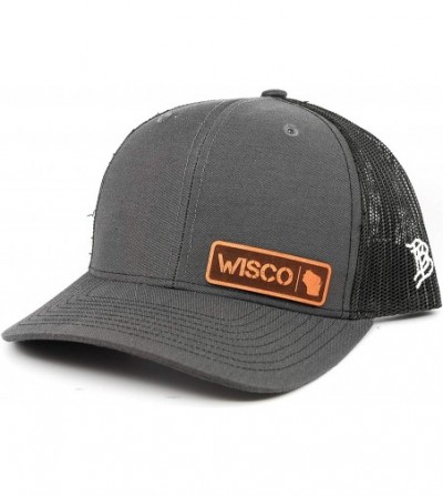 Baseball Caps Wisconsin Native' Leather Patch Hat Curved Trucker- OSFA/Charcoal - C118LSGZHME