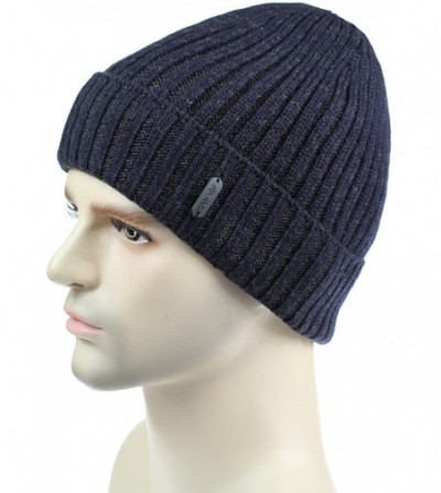 Skullies & Beanies Classic Men's Warm Winter Hats Thick Knit Cuff Beanie Cap with Lining - Navy Blue - C212MRGYLUL