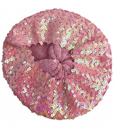 Berets Sparkly Sequins Beret Hat Glitter Mermaid Cap for Dancing Party Fancy Dress - Pink - CM17AAI6DE6