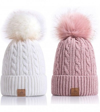 Skullies & Beanies Women Winter Pom Pom Beanie Hats Warm Fleece Lined-Chunky Trendy Cute Chenille Knit Twist Cap - 5-white+pi...