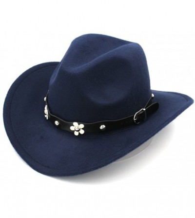 Cowboy Hats Women Western Cowboy Hat Wide Brim Cowgirl Cap Flower Charms Leather Band - Dark Blue - CD1883RNDUG