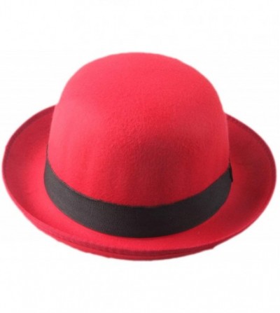 Fedoras Retro Hard Felt Women Men Fold Brim Billycock Round Top Crown Bowler Derby Hat (Size-57cm) - Red - CJ18MDOU0XR