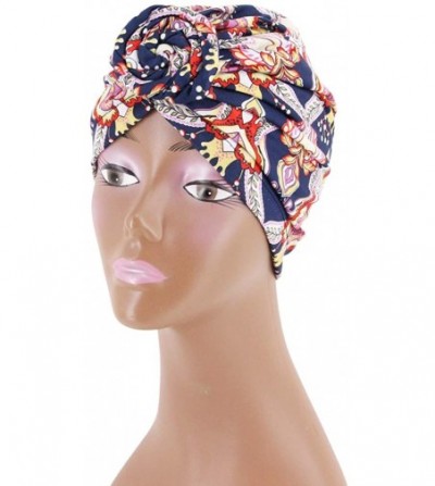 Skullies & Beanies Women Pleated Twist Turban African Printing India Chemo Cap Hairwrap Headwear - Navy3 - CR18A4OOSQH
