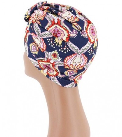 Skullies & Beanies Women Pleated Twist Turban African Printing India Chemo Cap Hairwrap Headwear - Navy3 - CR18A4OOSQH