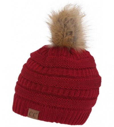 Skullies & Beanies Cable Knit Faux Fur Pom Pom Beanie Hat - Red - CQ12M1RBZKP
