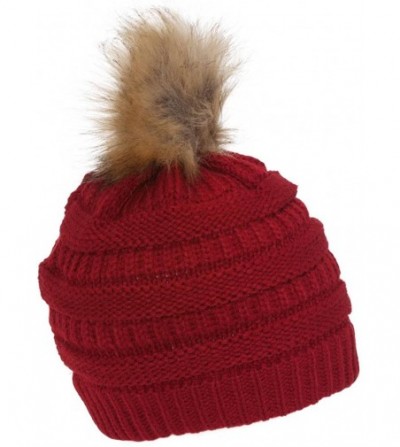 Skullies & Beanies Cable Knit Faux Fur Pom Pom Beanie Hat - Red - CQ12M1RBZKP