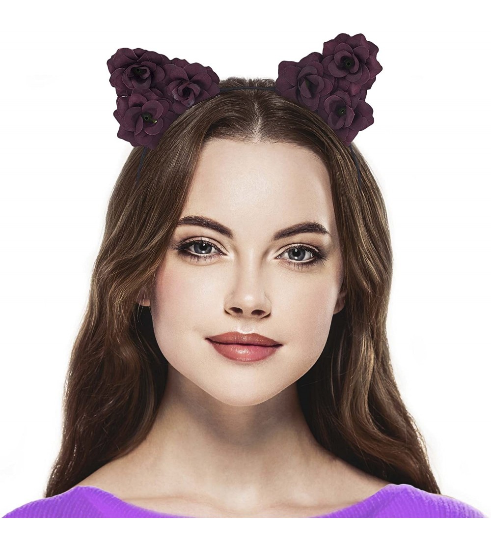 Headbands Girls Cat Ears Costume Floral Accessory Headband Adults - Dark Red - CU1832RANQT