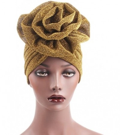 Skullies & Beanies Womens Muslim Floral Elastic Scarf Hat Stretch Turban Head Scarves Headwear Cancer Chemo - Gold - CS18E85M35U