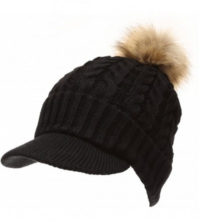 Skullies & Beanies Women's Winter Warm Cable Knitted Visor Brim Pom Pom Beanie Hat with Soft Sherpa Lining. - Black - CR188Z2...