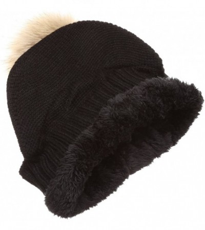 Skullies & Beanies Women's Winter Warm Cable Knitted Visor Brim Pom Pom Beanie Hat with Soft Sherpa Lining. - Black - CR188Z2...