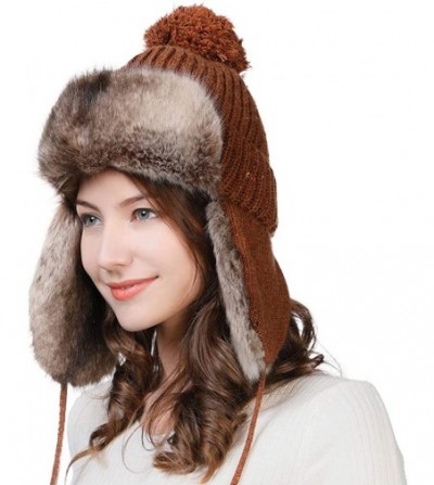 Skullies & Beanies Ladies Earflap Trapper Hat Faux Fur Hunting Hat Fleece Lined Thick Knitted - 99725_brown - CW18KISQIOZ