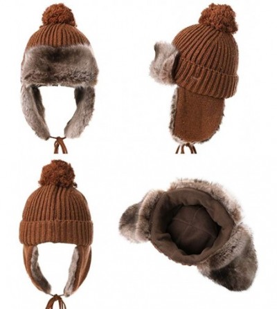 Skullies & Beanies Ladies Earflap Trapper Hat Faux Fur Hunting Hat Fleece Lined Thick Knitted - 99725_brown - CW18KISQIOZ