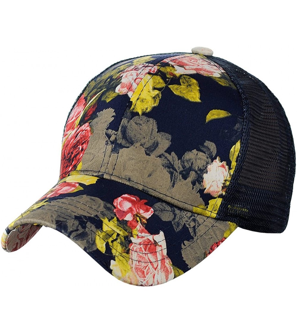 Baseball Caps Women's Floral Pattern Adjustable Mesh Trucker Baseball Cap Hat - Rose- Navy - C718C5O5MA6