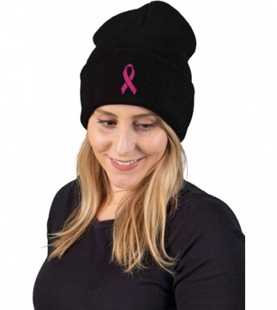 Skullies & Beanies Embroidered Beanie Dog Mom Gym Sports Holiday Knitted Hat Skull Cap - Breast Cancer Ribbon - Black - CP18T...