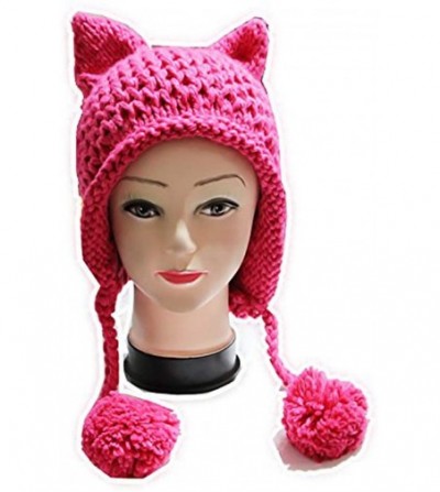 Skullies & Beanies Hot Pink Pussy Cat Beanie for Women's March Knitted Hat with Pom Pom Ear Cap - Rose Red - CS189IXTEE6