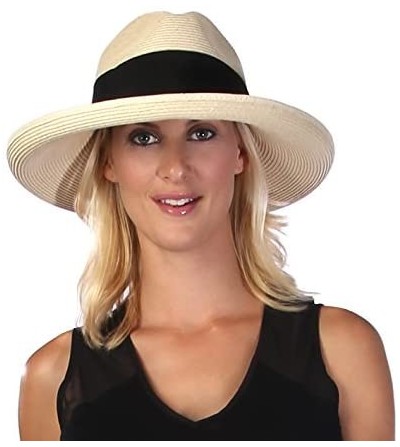 Sun Hats Women's Adriana Toyo Straw Fedora Packable Sun Hat- Rated UPF 50+ for Max Sun Protection - Natural/Black - CX11QC1J2AB