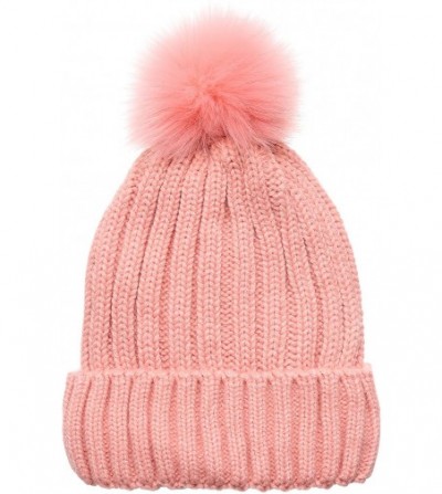 Skullies & Beanies Winter Ribbed Knitted Skull Cap Cuff Beanie Hat with Faux Fuzzy Fur Pom Pom - Pink - CC186NKSHUA