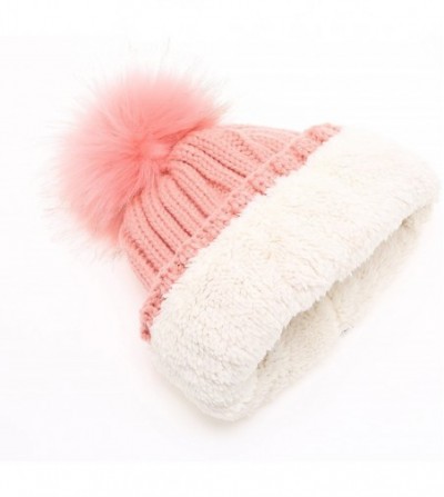 Skullies & Beanies Winter Ribbed Knitted Skull Cap Cuff Beanie Hat with Faux Fuzzy Fur Pom Pom - Pink - CC186NKSHUA