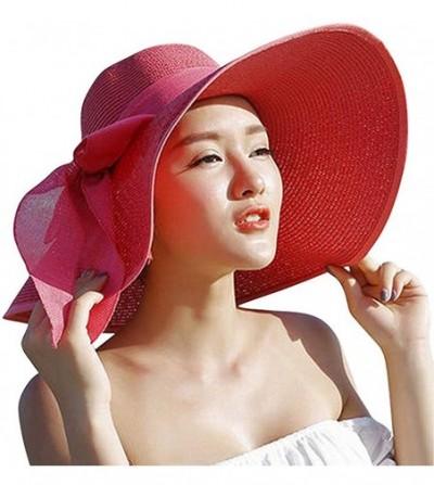 Sun Hats Women's Floppy Big Brim Hat Bowknot Straw Hat Foldable Roll up Sun Hat UPF 50+ - Watermelon Red - CN18QC04C8X