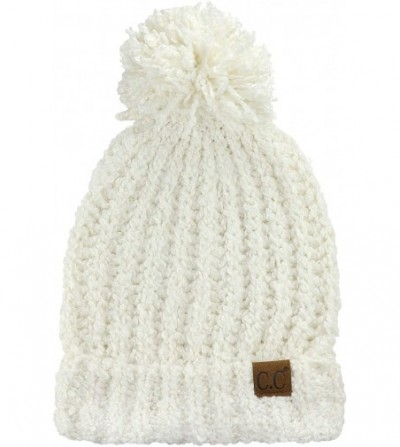 Skullies & Beanies Women's Chenille Soft Stretchy Pom Cuffed Knit Beanie Cap Hat - Ivory - CP18IQHHW8O