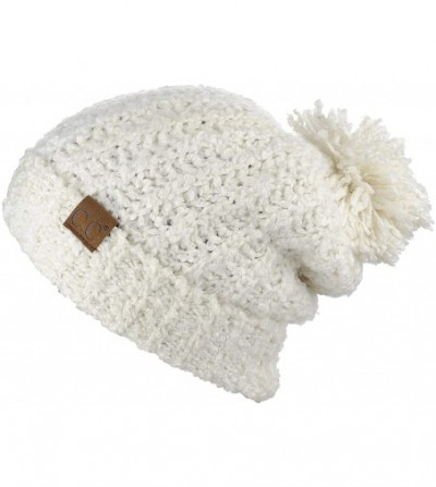 Skullies & Beanies Women's Chenille Soft Stretchy Pom Cuffed Knit Beanie Cap Hat - Ivory - CP18IQHHW8O