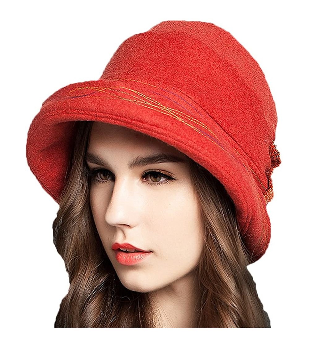 Bucket Hats Trade Women's Decorative Bow Wool Bucket Hat - Red - CC1293F4339