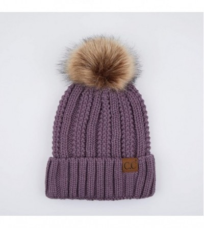 Skullies & Beanies Exclusives Fuzzy Lined Knit Fur Pom Beanie Hat (YJ-820) - Violet - CX18I6QD4N8