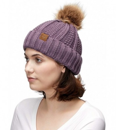 Skullies & Beanies Exclusives Fuzzy Lined Knit Fur Pom Beanie Hat (YJ-820) - Violet - CX18I6QD4N8