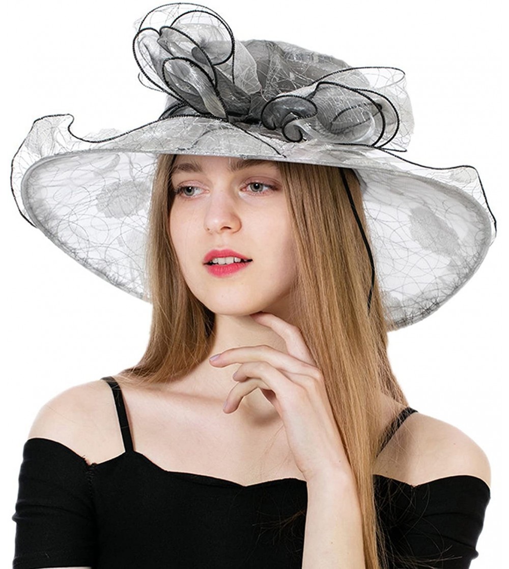 Sun Hats Women's Polka Dot Kentucky Derby Hats Church Hat Tea Party Wedding Organza Hats - Grey - CX17Z6ZDZ5M