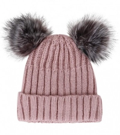 Skullies & Beanies Women's Winter Ski Knit Warm Fleece Beanie Hat w/Double Fur Pom - Pink Hat Black Grey Ball Beige Lining - ...