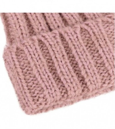 Skullies & Beanies Women's Winter Ski Knit Warm Fleece Beanie Hat w/Double Fur Pom - Pink Hat Black Grey Ball Beige Lining - ...