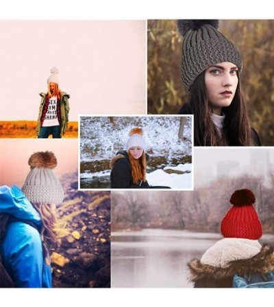 Skullies & Beanies Winter Hats for Women Fur Pom Pom Hats Knitted Cuff Bobble Beanie Warm Wool Ski Cap - Cuff-red+faux Red Po...