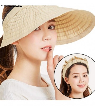 Sun Hats Women's Summer Foldable Straw Sun Visor w/Cute Bowtie Comfortable Beach Cap - Ripple Beige - C2196EG86QR